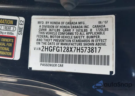 2007 Honda Civic Ex from USA, damaged, VIN 2HGFG128X7H573817